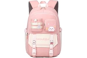 IvyH School Backpack for Girls - Kids Backpack with 3 Cute Badges, 28L Large Capacity Daypack & Travel Rucksack, Waterproof School Bags Ideal for Girls Boys Ages 9 10-16, Pink