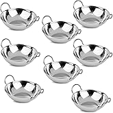 Set of 8 - Stainless Steel Balti Dishes Karahi Curry Deep Serving Indian Dishes Bowls with Handle - 16 cm