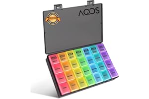 AQOS Pastillero semanal 4 tomas Español, Pastillero Diario con 28 Compartimentos, Organizador Pastillas y Dispensador Comprimidos para Viaje (4 tomas/día)