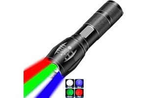 MVIOCS Linterna recargable roja 4 en 1, linterna LED multicolor (blanco/rojo/azul/verde) con 4 modos, linterna con zoom de lúmenes altos para camping, observación, emergencia y aventuras al aire libre