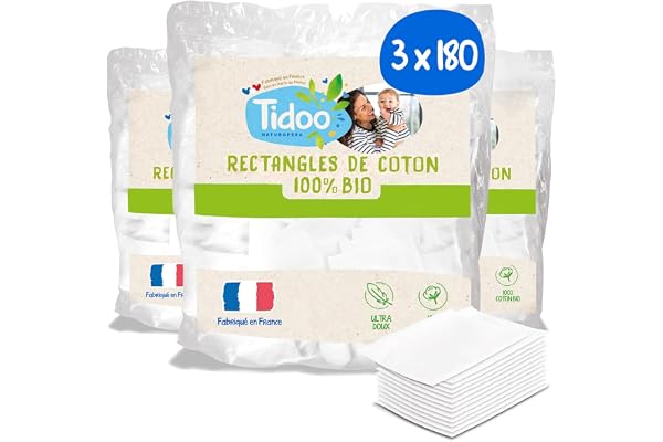 Tidoo - 540 Coton Pads Bébé 100% Bio - Ultra Doux pour Peaux Sensibles - Hypoallergéniques - Change & Toilette - Fabriqués en France