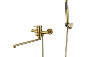 HomeLava Robinet de salle de Bain Mitigeur Monocommande de Douche avec douche à main Robinet de baignoire Mélangeur de bain apparent avec support mural et tuyau de douche de 1,5 m or brossé