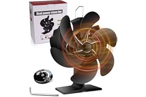 Fwiull Ventola Stufa Legna, Ventilatore per Stufa a Legna con 6 Pale, con Termometro, Silenzioso Alimentato Calore Ventola, Ecologico Senza Elettricità Ventola Stufa per Gas/Pellet/Legna, Nero