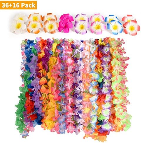 KAIFANG Hawaiian Luau Party Supplies-Hawaiian Leis(36Ct) with Hawaiian Flower Hair Clips(16pcs), Perfect for Your Hawaii Luaus