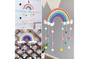 LANFLY Rainbow Tapestry Clouds Hanging Decoration Handmade Braided Cords Pom-Pom Macrame Woven Felt Balls Wall Hanging Nursery Decor Photo Prop for Home Bedroom Accessories Kids Room Party Decor