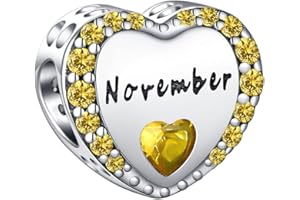 TIZU Srebro wysokiej próby 925 serce kamień urodzinowy zawieszki do bransoletek Pandora łańcuszek wężyk naszyjnik koraliki biżuteria prezent dla kobiet dziewcząt e podstawa posrebrzana, colore: Listopadowy kamień urodzinowy: