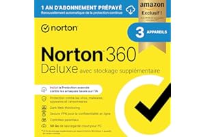 Norton 360 Deluxe Exclusivité Amazon* + 25 Go de sauvegarde cloud supplémentaire 2026 |3 Appareils | 1 An d'Abonnement en renouvellement automatique |Téléchargement