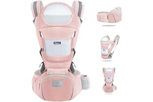 YIKANWEN Marsupio Neonati Ergonomico, Porta Bambino con Sedile Multiposizione, con PoggiaTesta e Cappuccio, Puro Cotone Traspirante Leggero, Ideale Neonati da 0-36 Mesi(Inferiore a 25kg) Rosa