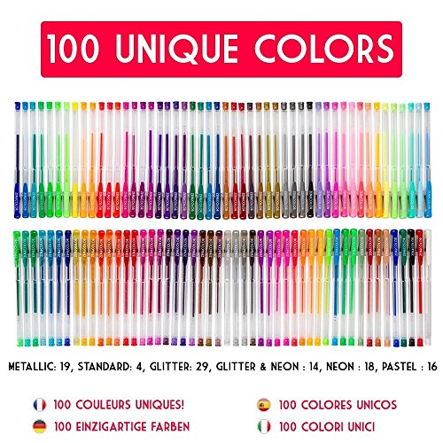 Zenacolor 100 Gelschreiber Gelstifte Set mit Etui – Extra großes Set – 100 einzigartige Farben (keine Duplikate) – mit hochwertiger leicht fließender Tinte – toll für Malbuch für Erwachsene - 2