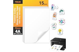 Tixlux 15 feuilles de papier autocollant vinyle pour imprimante jet d'encre, Fini Brillant, autocollant, sèche rapidement, couleurs vives, papier autocollant imperméable, format A4 297x210mm