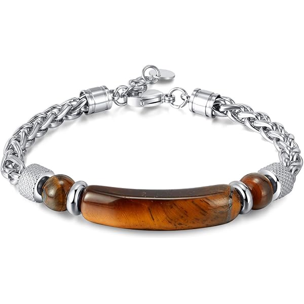 Unique Gems Bracciale in acciaio inox massiccio Buddha, onice nero, occhio di tigre, ossidiana, 8 mm, da uomo, 19cm bis 23cm, Acciaio inossidabile, ossidiana