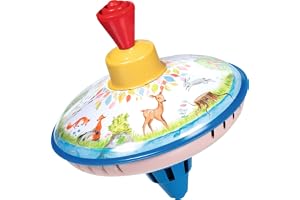 goki 53780 – snurra på ljusningen av plåt, färgglad snurra ger glädje och nöje till barnrummet, klassisk svängsnurra med stativ och djurmotiv, 14 cm hög, från 1 år