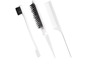 GEISERAILIE 3 Pcs Set de Brosse à Cheveux de Bord en Poils Brosse à Bord Double Face Peigne à Dos Lisse Peigne à Double Tranchant Peigne à Queue de Rat pour Femme Enfant Bébé (Blanc)