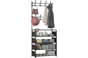 Masvan Coat Rack Stand with Shoe Storage, Free Standing Hall Tree for Hallway, Entryway Hanger Shelf Clothes Rail with 8 Removable Hooks,Black