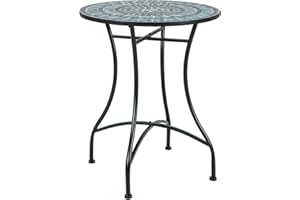 RELAX4LIFE Round Mosaic Table, Garden Side Coffee Table with Non-Slip Foot Pads, Outdoor Dining Bistro Table for Patio, Balcony and Backyard (Black + Blue, Geometric Pattern)