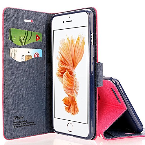 iPhone 6S Leather Case,iPhone 6 Leather Case, IPHOX Premium Folio Leather Wallet Case with [Kickstand] [Card Slots] [Magnetic Closure] [Hand Strap] Flip Notebook Cover Case for iPhone 6/6S -Red/Blue
