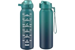 SLUXKE Botella Agua 18/10 Acero Inoxidable 1 Litro, Botella Termica 1000ml con Handle y Marcador de Tiempo, Libre BPA, Cantimplora Infantil para Gimnasio, Deporte, Ciclismo