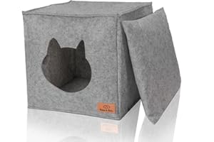 Bella & Balu Jaskinia dla kotów, w zestawie poduszka + zabawka, składane legowisko dla kota do spania, chowania się, zabawy i drapania, 33 x 33 x 37 cm, jasnoszara