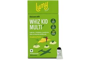 LUMY MultiVitamin Gummies For Kids: Pre+Probiotic, DHA For Happy Gut, Bright Brains 30 Gummies Plant Vit D3 & Lactoferrin Vit A,B,C, Zinc For Immunity, Vision & Bone Health Veg Age 7-15