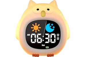 YISSVIC Réveil Enfant Educatif Jour Nuit 2 Alarme 3 Récurrence de l'Alarme 12/24 Heure Snooze Luminosité de l'Ecran Réglable Réveil Lumineux 7 Couleurs 10 Chansons Arrêt Automatiquement en Forme Hibou