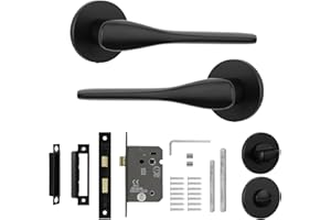 Decoranddecor Verita matt Black Internal Door Handle Set with Bathroom Lock, Aluminium Lever on Rose with Turn and Release, Modern Hardware for Wooden Interior Toilet, ensuite and Shower Doors