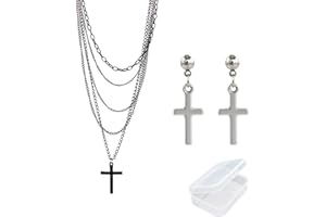 PPX Multilayer Gothic Retro 80s Black Long Chain Fashion Cross Necklace and Stainless Steel Dangling Cross Earrings for Men Women-with Storage Box