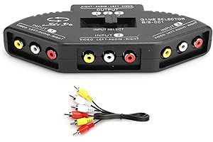 Shipenophy Przełącznik do wyboru 3 w 1, audio, trwały, odporny na zużycie, przenośny rozdzielacz cinch, uniwersalny, 3-drożny do nagrywarki DVD-VCD z kablem AV (czarny)