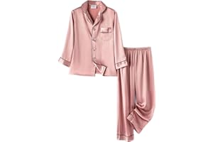 PythJooh Girls Satin Pyjamas Sets Girls Boys Long Sleeve Button-Down Pjs Set 2PCs Silky Nightwear Sleepwear for 3-13Years