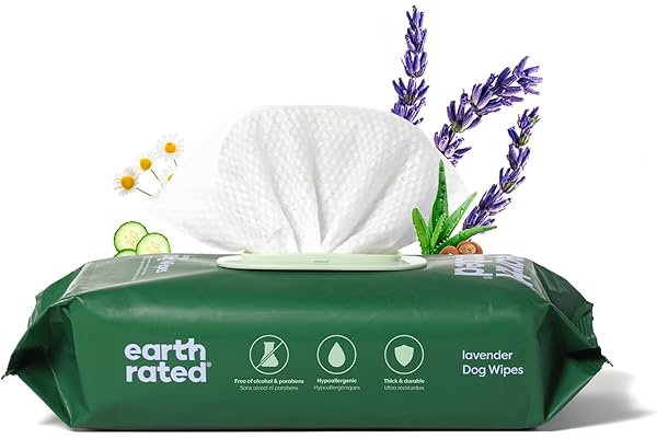 Earth Rated Toallitas hipoalergénicas para Perros, para Limpiar y Eliminar olores de Patas, Cuerpo y Trasero, Cachorros y Perros Adultos, Aroma a Lavanda, 100 Unidades
