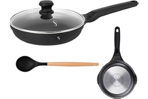 Stone&Stone Padella 24 cm estremamente Antiaderente e resistente in pietra fondo in acciaio | induzione | padelle chef professionale sviluppata con tecnologia tedesca + coperchio + cucchiaio