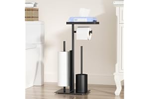 JOSMIMIC Edelstahl Klopapierhalter Stehend mit Klobürste - Toilettenpapierhalter mit Klobürste, WC Garnitur mit Feuchttücherbox und WC Bürste, Klorollenhalter Stehend mit Glasregal (Schwarz Matt)