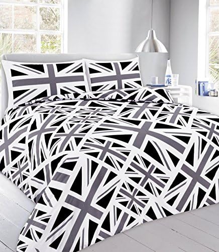 Modern Union Jack Printed Reversible Duvet Cover Sets Bedding Pillow Cases Single, Double, King, Super King (King, Union Jack- Black)