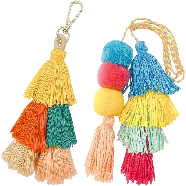 POYAMUSE Portachiavi Bohémien Con Nappe Colorate A Strati – Frange Artigianali Per Chiavi Auto E Borsa – Blu, Giallo E Verde - 2