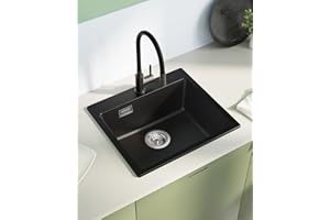 Sofetiy Küchenspüle Schwarz Granit 50x45cm, Spülbecken küche, Spüle Schwarz, Waschbecken Küche Eckig, Granitspüle, Moderne Einbauspüle Set, Spüle mit 2 Hahnlöcher, 1 Becken