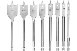 Aoyfuwell 8-Piece Wood Spade Drill Bits Set, 6-32mm Spade Drill Bit Set, Heavy Duty Flat Wood Bit Sets, 1/4 inch Hex Shank Paddle Tools Flat Bits Blades Set for Woodworking Plastic Chipboard