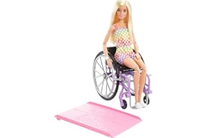 Barbie Fashionista-Puppe, Rollstuhl mit blonden Haaren und Regenbogen-Jumpsuit, Rollstuhl und Rampe, Puppe inklusive, Geschenk für Kinder, Spielzeug ab 3 Jahre,HJT13