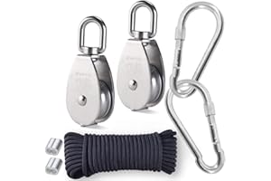 IKOPO 2PCS M25 Single Pulley Block for Lifting with 6mm Rope x 20M, 304 Stainless Steel Crane Pulley Block with 2 x M8 Spring Snap Hook Carabiner & Nylon Rope, Pulley Crane Swivel Hook Cable Loading 331lbs
