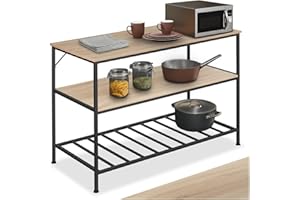 TecTake® Étagère de Cuisine Pratique et Robuste à Trois Niveaux, 120 x 60 x 90,5 cm Meuble Cuisine Style Industriel Sobre, Etagere Bois et Acier, Meuble de Rangement sur Pieds réglables, Bois Clair
