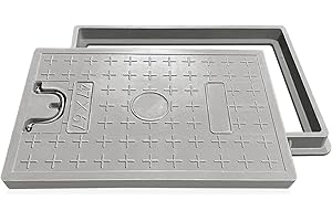 NATOTELA Fiberglass 670x470mm Manhole Cover and Frame Rectangle Septic Tank Lid Access Inspection Non-slip Solid Reinforced Steel Embedded Sewer Cover with Handle for Patios Basement Lawn Grey