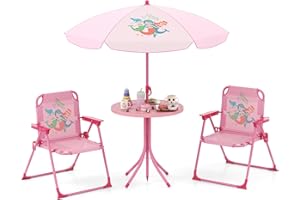 GOPLUS Ensemble Salon de Jardin Enfant 4 PCS, Table Pique-Nique Enfant avec 2 Chaises Pliante, Parasol Réglable en Hauteur, Charge 75KG, Table Exterieur pour 3-6 Ans (Sirène Rose)