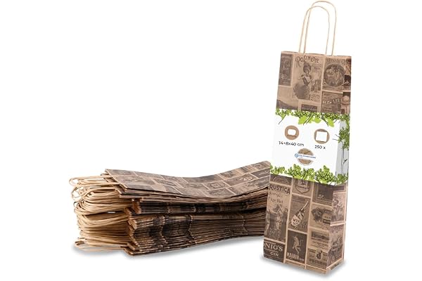 BIOZOYG Sac ŕ Bouteille Sacs Cadeaux 250 Pičces 14 + 8 x 40 cm Vintage - Sacs en Papier Sac ŕ Vin Compostable Durable - Sac Bouteille Emballage Cadeau Vin Liqueur Rhum