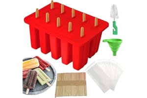 Homeleo Silicone Popsicle Ice Lolly Moulds, 10 Cavities Reusable Homemade Ice Treats Maker Tools Mold with 50 Popsicle Sticks,50 Popsicle Bags,Funnel,Cleaning Brush(Red)