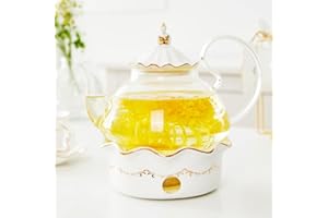 DUJUST Théière en Verre de 1200ml avec Réchaud, Décor en Relief et Bordure Dorée, Théière Résistant à la Chaleur avec Infuseur Amovible et Filtre en Acier Inoxydable, Cadeaux et Décoration Intérieure