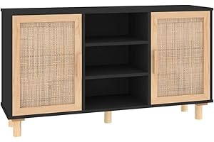 vidaXL Aparador Auxiliar Armario Consola Mueble Almacenamiento Estantería Salón Sala de Estar Casa Madera Pino Maciza y Ratán Natural Negro