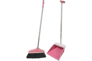 Roellgs Kit de escoba y plumero vertical de mango largo para limpieza del hogar (rosa)