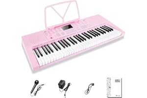 Vangoa Teclado de piano de 61 Mini teclas con micrófono, teclado musical para principiantes niño, Modos De Enseñanza, 350 Tonos, Rosa