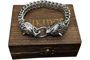 ZFSBRTL Mitologia Nordica Bracciale d'Argento Testa Lupo 3D, Bracciale Uomo in Acciaio Inossidabile Teschio Vichingo Odino Lupo Fenrir Regali Gioielli Amuleto Vintage Scatola Legno