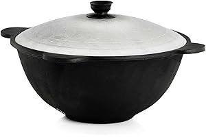 4BIG.fun Kazan aus Gusseisen 4,5 L mit Aluminium Deckel flacher Boden Usbek Schwenktopf NAMANGAN Kasan Uzbekisch Asia WOK Gusseisentopf Grillwok