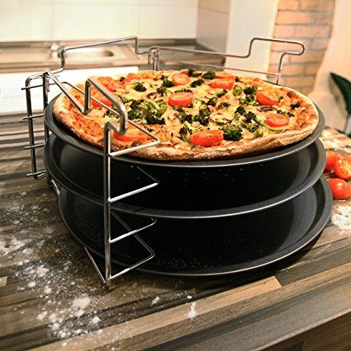 Relaxdays Pizzablech im 3er Set 33 cm Pizzabäcker-Set mit 3 Backblechen und Ständer als Pizza-Backblech und Flammkuchen Blech rundes Pizzabackblech mit Antihaftbeschichtung, anthrazit - 2