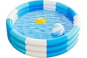 Toyhood Nadmuchiwany basen w paski w stylu vintage, 3-pierścieniowy, z nadmuchiwanym dnem bąbelkowym, do użytku wewnątrz i na zewnątrz, dla dziewcząt, chłopców, ogrodu, na podwórko (niebieski)